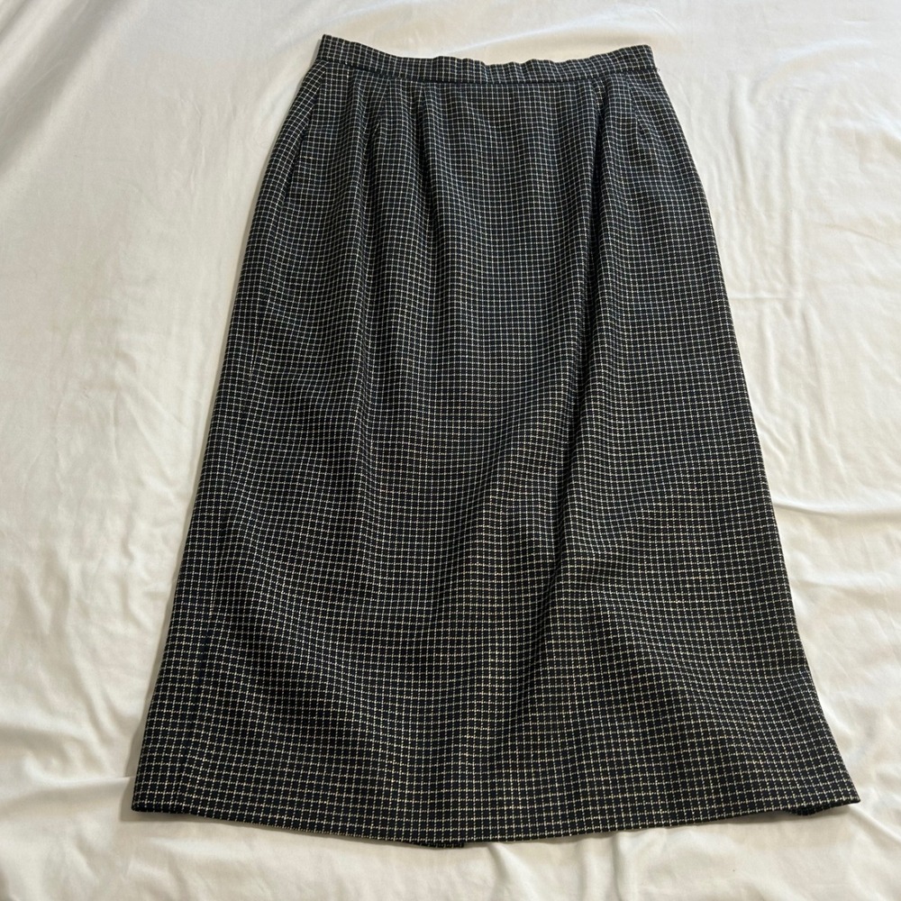 Talbots Petites Vintage 100% Wool Midi Skirt Black Gold Grid Check Size 10P USA